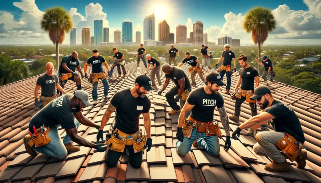 Roofing crew in Tampa Florida working on a tile roof